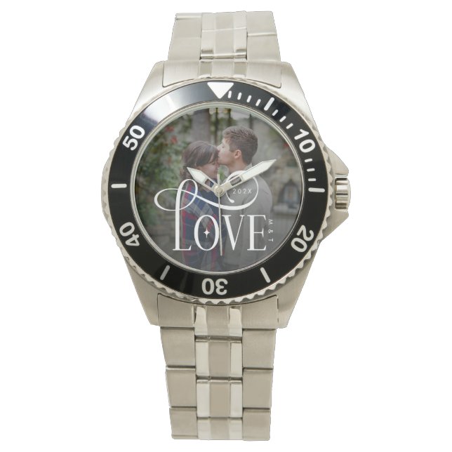 Modern Script Love Custom Engaged Couples Photo Armbanduhr (Vorderseite)