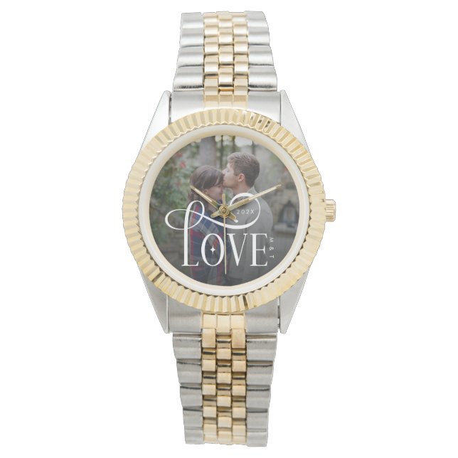 Modern Script Love Custom Engaged Couples Photo Armbanduhr (Vorderseite)