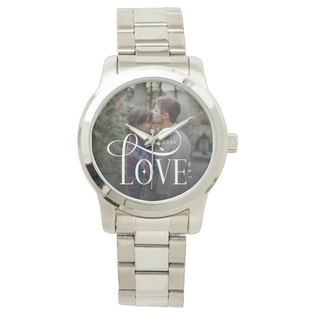 Modern Script Love Custom Engaged Couples Photo Armbanduhr (Vorderseite)