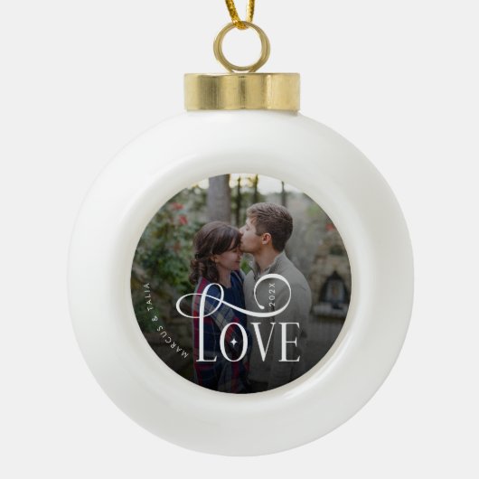 Modern Script Love Custom Engaged Couples Photo Keramik Kugel-Ornament (Vorderseite)