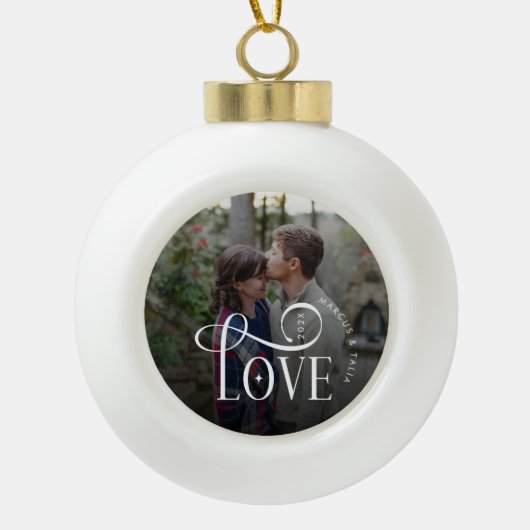 Modern Script Love Custom Engaged Couples Photo Keramik Kugel-Ornament (Vorderseite)