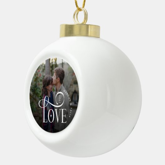 Modern Script Love Custom Engaged Couples Photo Keramik Kugel-Ornament (Rechts)
