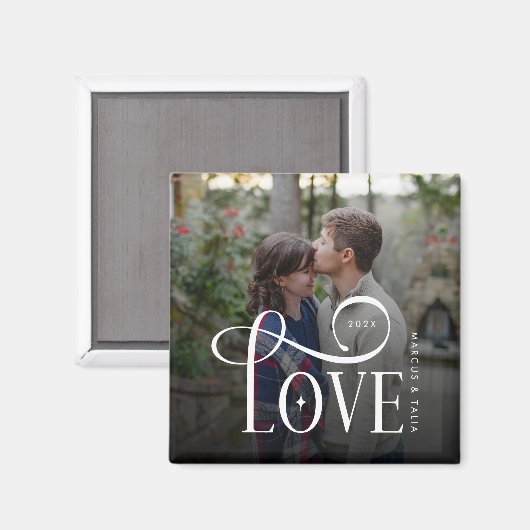 Modern Script Love Custom Engaged Couples Photo Magnet (Vorderseite/Rückseite)