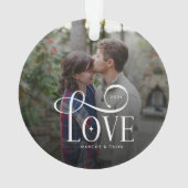 Modern Script Love Custom Engaged Couples Photo Ornament (Rückseite)