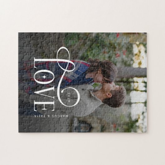 Modern Script Love Custom Engaged Couples Photo Puzzle (Horizontal)