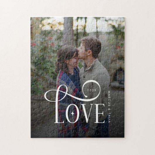 Modern Script Love Custom Engaged Couples Photo Puzzle (Vertikal)