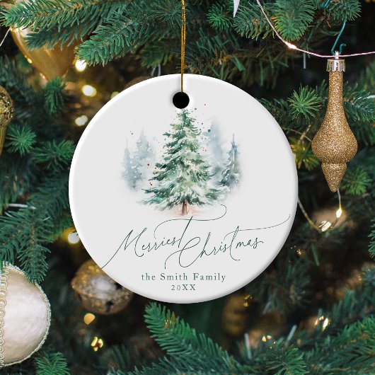 Modern Script Merriest Christmas Pine Tree Keramik Ornament