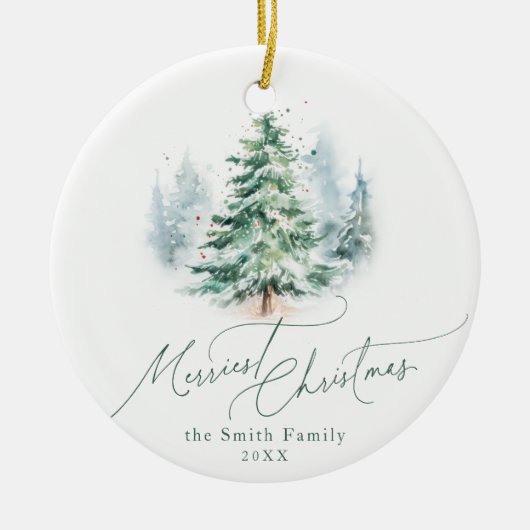 Modern Script Merriest Christmas Pine Tree Keramik Ornament (Vorne)