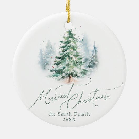 Modern Script Merriest Christmas Pine Tree Keramik Ornament (Hinten)