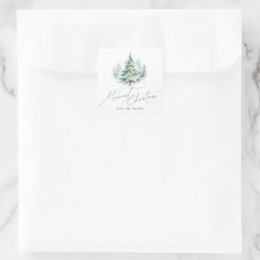 Modern Script Merriest Christmas Pine Tree Quadratischer Aufkleber (Tasche)