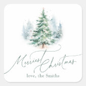 Modern Script Merriest Christmas Pine Tree Quadratischer Aufkleber (Vorderseite)