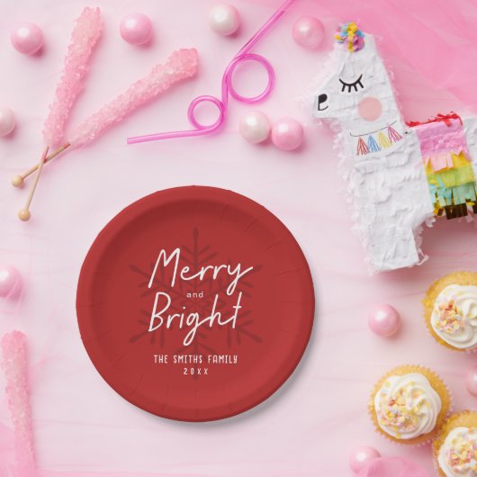 Modern Script Merry & Bright Snowflakes Christmas Pappteller (Party)