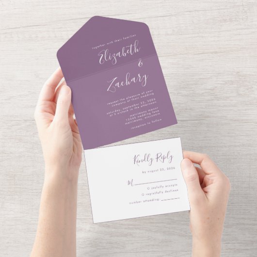 Modern Script Minimal Mauve Wedding All In One Einladung (Abreißen)