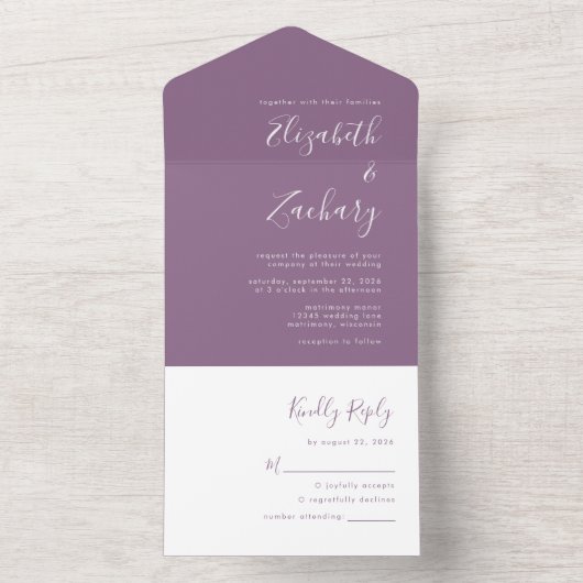 Modern Script Minimal Mauve Wedding All In One Einladung (Innen Boden)