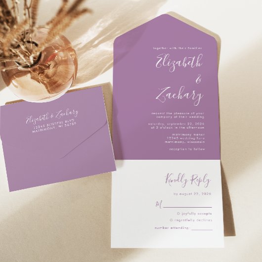 Modern Script Minimal Mauve Wedding All In One Einladung
