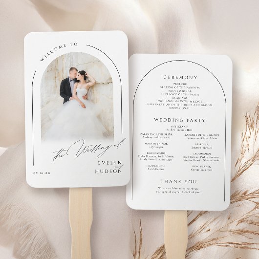 Modern Script Minimal Photo Arch Wedding Programs Fächer
