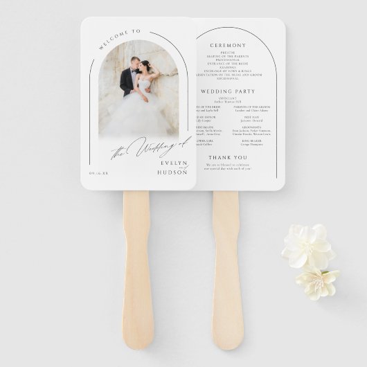 Modern Script Minimal Photo Arch Wedding Programs Fächer (Vorne und Hinten)