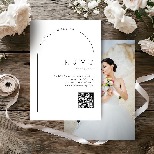 Modern Script Minimal Photo Arch Wedding QR code RSVP Karte