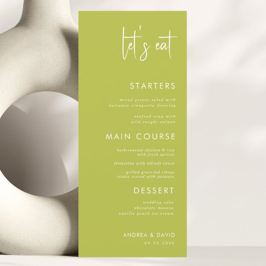 Modern Script Minimalist Let's Eat White Wedding Menükarte