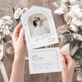 Modern Script Minimalist Photo Arch Wedding All In One Einladung