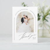 Modern Script Minimalist Photo Arch Wedding Dankeskarte (Stehend Vorderseite)
