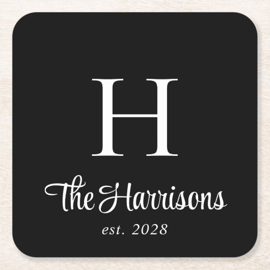 Modern Script Mit Monogramm Black Rechteckiger Pappuntersetzer (Vorderseite)