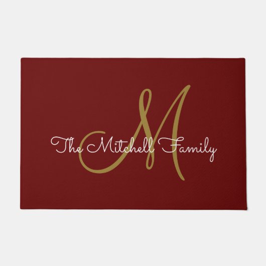 Modern Script Monogram Family Name Burgundy Fußmatte (Vorderseite)