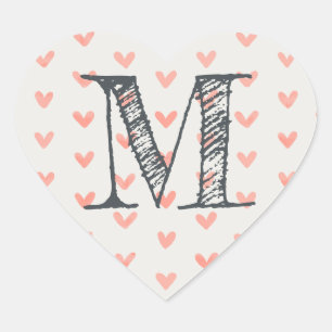Modern Script Monogram Initial Coral Hearts Herz-Aufkleber