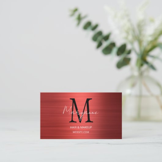 Modern Script Monogram Red Visitenkarte (Stehend Vorderseite)