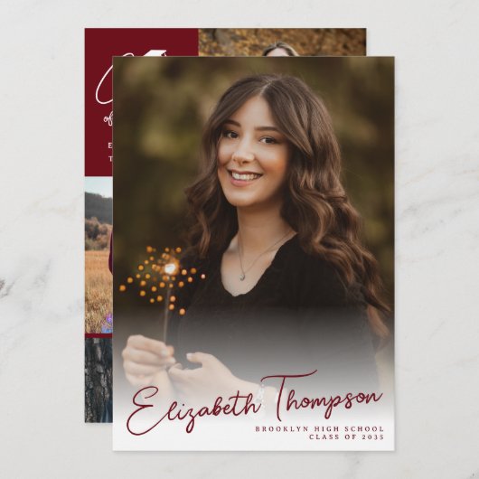 Modern Script Name Class Red 6 Foto Abschluss Ankündigung (Vorne/Hinten)