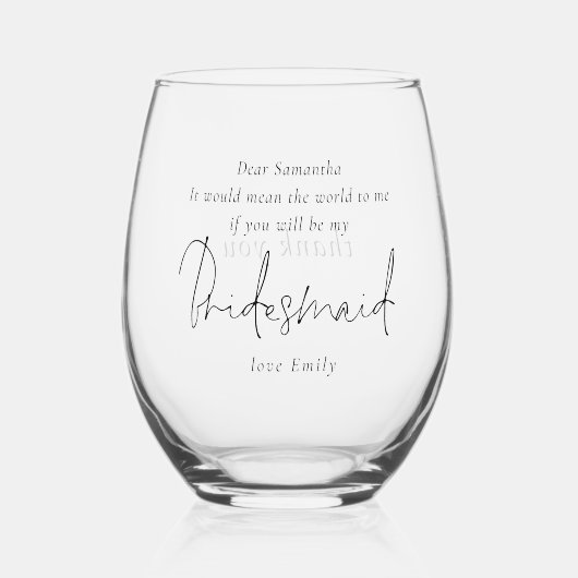 Modern Script Name Date Danke Bridesmaid Geschenk Weinglas Ohne Stiel (Vorderseite)