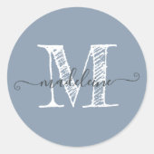 Modern Script Name Monogram Initial Dusty Blue Runder Aufkleber (Vorderseite)