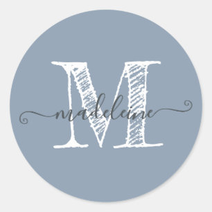 Modern Script Name Monogram Initial Dusty Blue Runder Aufkleber