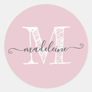 Modern Script Name Monogram Initial Parfait Pink Runder Aufkleber