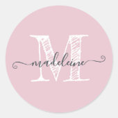 Modern Script Name Monogram Initial Parfait Pink Runder Aufkleber (Vorderseite)