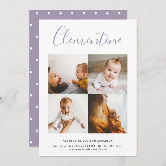 Modern Script Name Multi Foto Polka Dot Geburt Ankündigung (Vorne/Hinten)