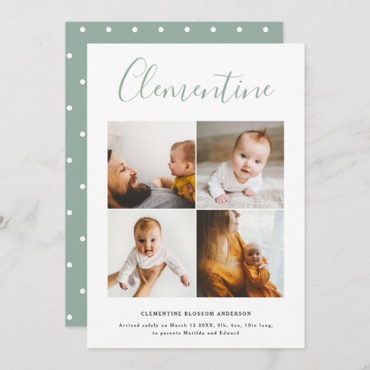 Modern Script Name Multi Foto Polka Dot Geburt Ankündigung (Vorne/Hinten)