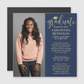 Modern Script Navy Blue & Gold 1 Foto Abschluss Magneteinladung (Vorne/Hinten)