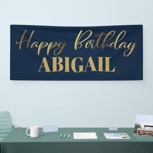 Modern Script Navy Blue Gold Happy Birthday Banner (Messe)