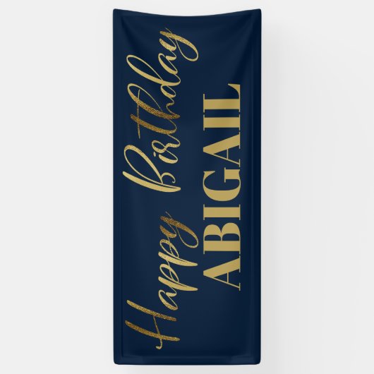 Modern Script Navy Blue Gold Happy Birthday Banner (Vertikal)