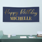Modern Script Navy Blue Gold Happy Birthday Banner (Messe)