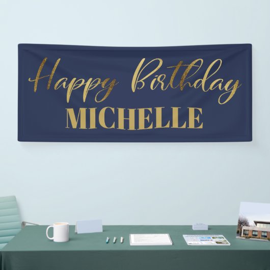 Modern Script Navy Blue Gold Happy Birthday Banner (Messe)