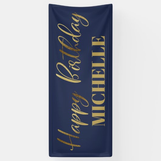 Modern Script Navy Blue Gold Happy Birthday Banner (Vertikal)