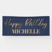 Modern Script Navy Blue Gold Happy Birthday Banner (Horizontal)