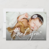 Modern Script Newborn baby Photo Heart Dankeskarte (Vorderseite)