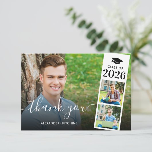 Modern Script Overlay 3 Photo Graduation Dankeskarte (Stehend Vorderseite)