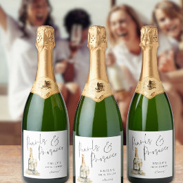 Modern Script Pearls Prosecco Cheers Hen Party Schaumweinetikett