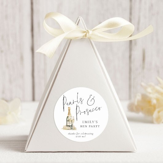 Modern Script Pearls Prosecco Hen Party Dank Runder Aufkleber
