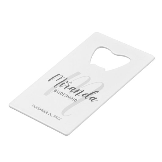 Modern Script Personalisiert Bridesmaid Geldbeutel Flaschenöffner (Vorderseite Schrägansicht)