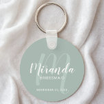 Modern Script Personalisiert Bridesmaid Schlüsselanhänger<br><div class="desc">Fügen Sie Ihrer Hochzeit eine persönliche Touch mit personalisiertem Schlüsselanhänger einer Brautjungfrau hinzu. Dieser Schlüsselanhänger zeichnet sich durch den personalisierten Namen einer Brautjungfrau aus, der im Stil eines modernen Schriftartes mit weißer Schrift und Monogramm im modernen, schlanken Stil eines modernen Drehbuch-Schriftartes als Hintergrund mit dem Titel und dem Hochzeitdatum in...</div>